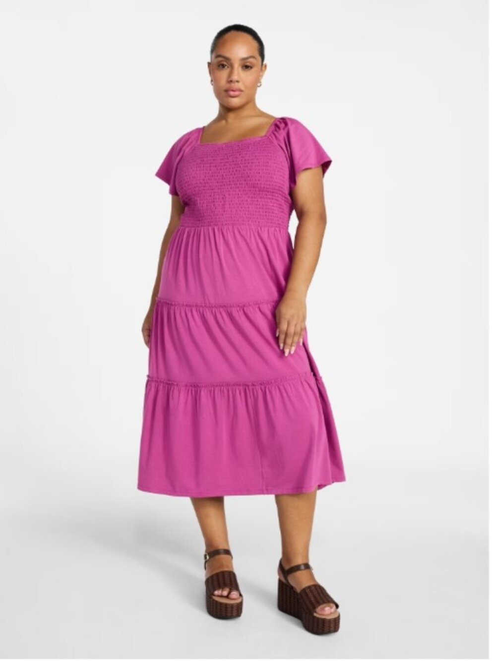 Terra & Sky Women's Plus Size Square Neck Smocked Dress Pink Size 4X